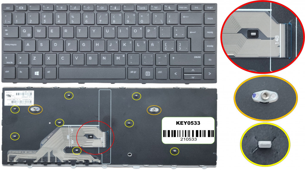 KEY0533 HP SPANISH LATIN NOT ALPHANUMERIC BLACK KEYS NOT POINTSTICK NOT BACKLIT WITH BLACK FRAME DOWN CENTRAL CONNECTOR - KEY0533