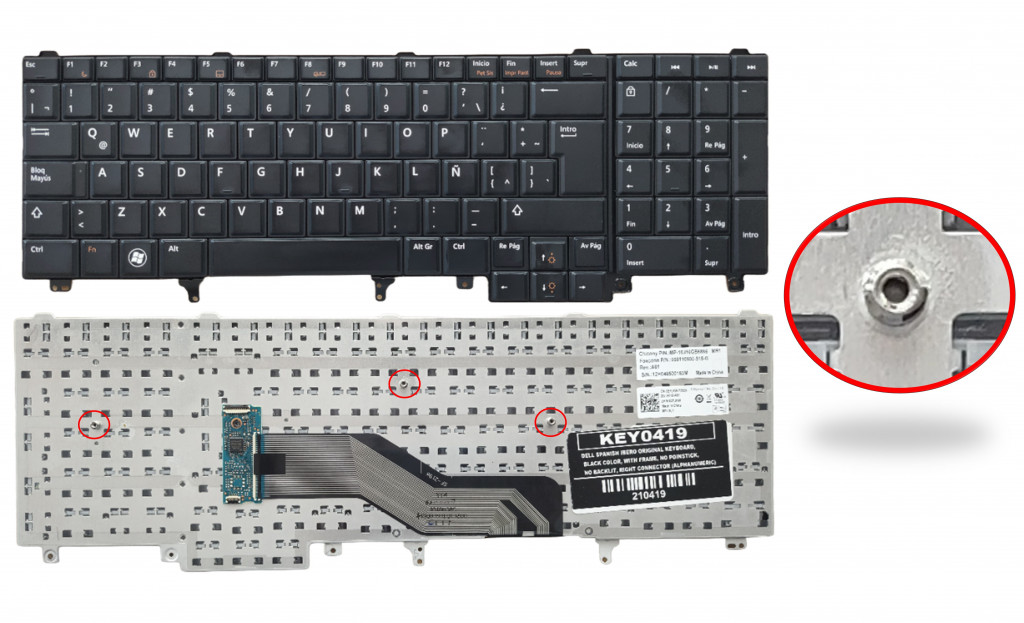 KEY0419 DELL SPANISH LATIN WITH ALPHANUMERIC BLACK KEYS NOT POINTSTICK NOT BACKLIT NOT FRAME DOWN LEFT CONNECTOR - NULL