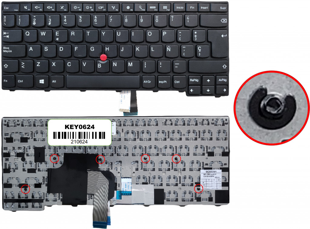 Key0624 Lenovo Spanish Ibero Not Alphanumeric Black Keys With Pointstick Not Backlit With Black Frame Down Central Connector - KEY0624