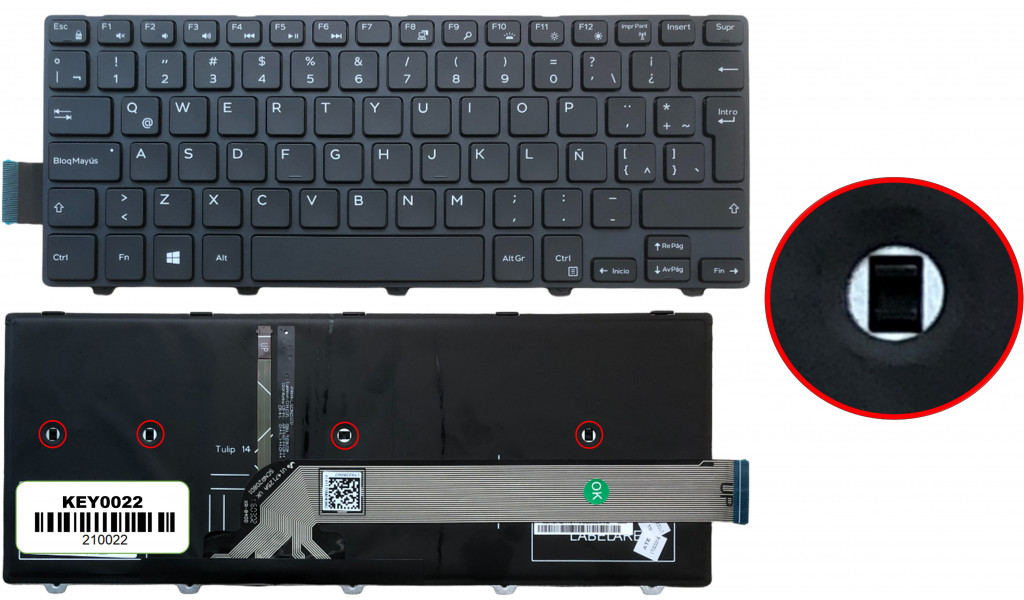 KEY0022, DELL, SPANISH LATIN, NOT ALPHANUMERIC, BLACK KEYS, NOT POINTSTICK, WITH BACKLIT, WITH BLACK FRAME, DOWN RIGHT CONNECTOR - KEY0022 - AmericanStock Guadalajara, Jal.