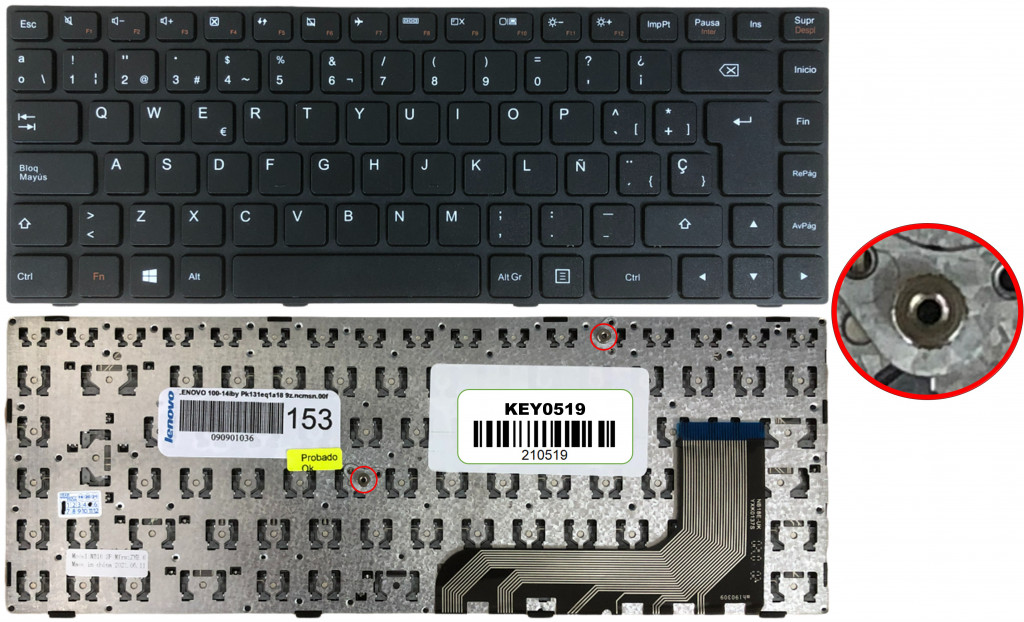 KEY0519 LENOVO SPANISH IBERO NOT ALPHANUMERIC BLACK KEYS NOT POINTSTICK NOT BACKLIT WITH BLACK FRAME UP RIGHT CONNECTOR - KEY0519