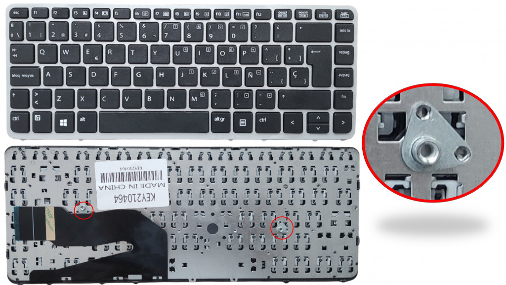 KEY0464 HP SPANISH IBERO NOT ALPHANUMERIC BLACK KEYS NOT POINTSTICK NOT BACKLIT WITH SILVER FRAME DOWN LEFT CONNECTOR - KEY0464.